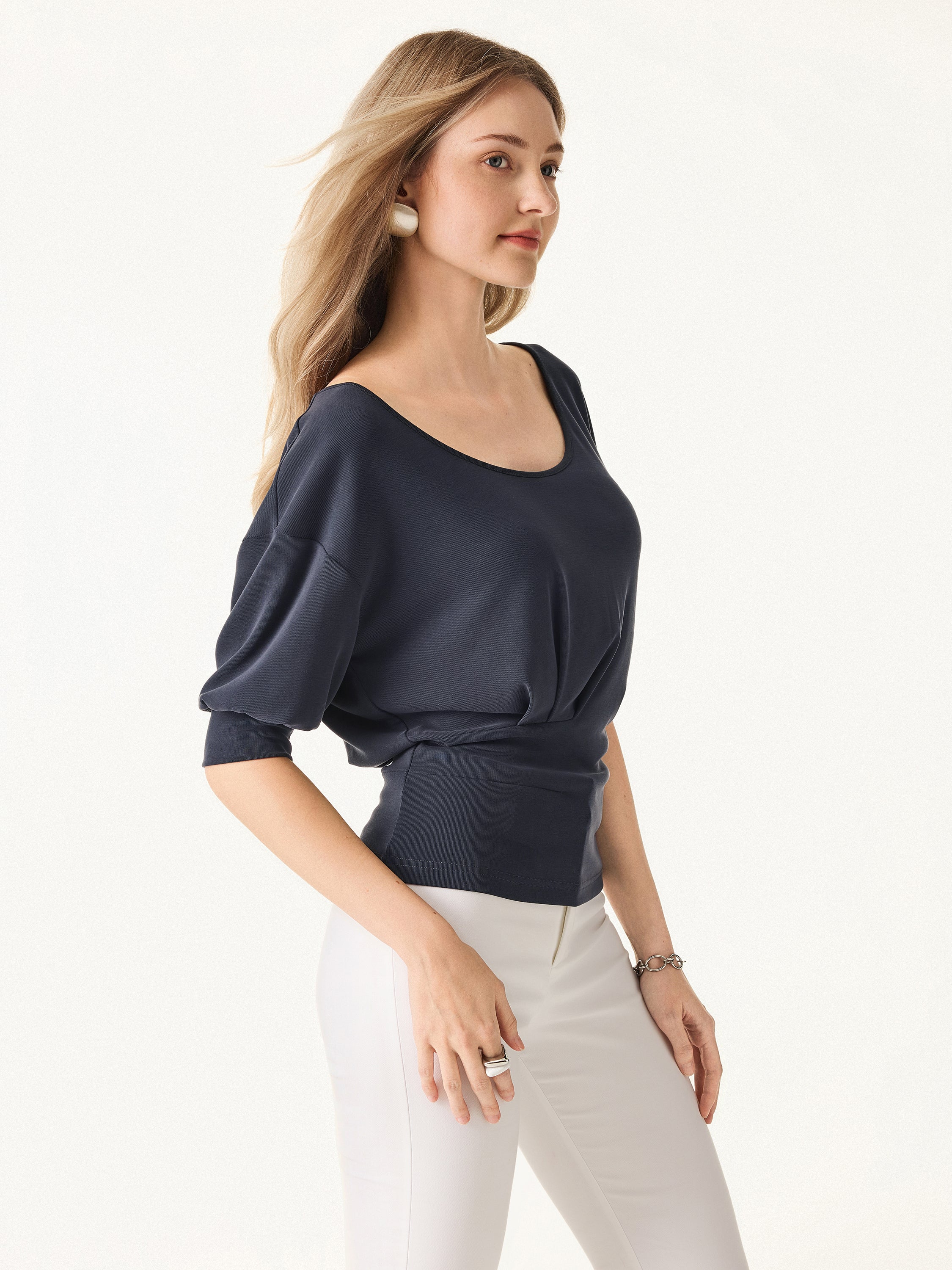 Scoop Neck Short Sleeve Tucked Tee - Image 3