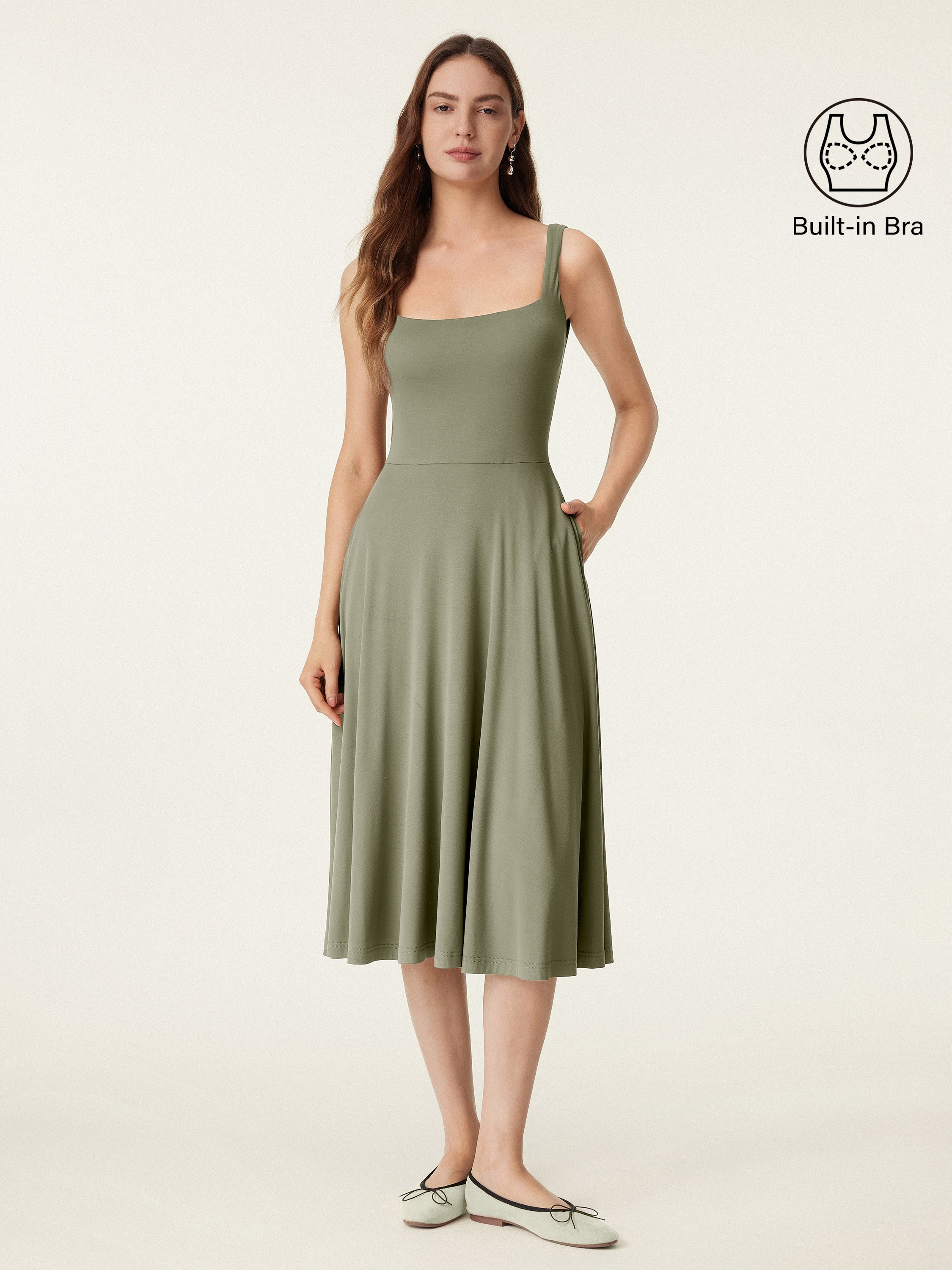 Square Neck Flowy New Airy Bra Midi Dress - Image 15