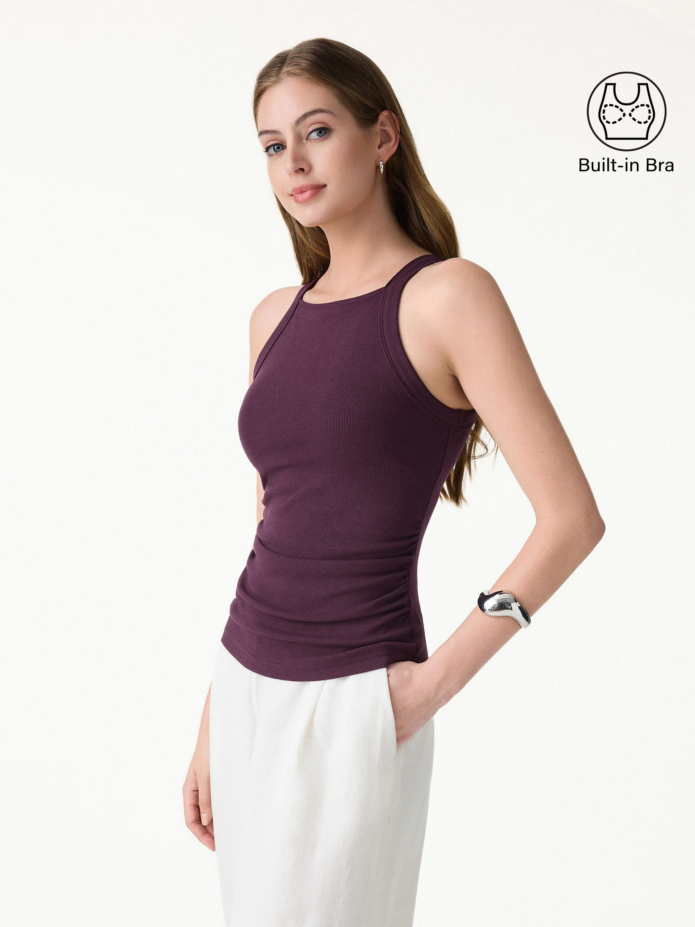 Square Neck Ruched Rib Bra Tank - Image 3