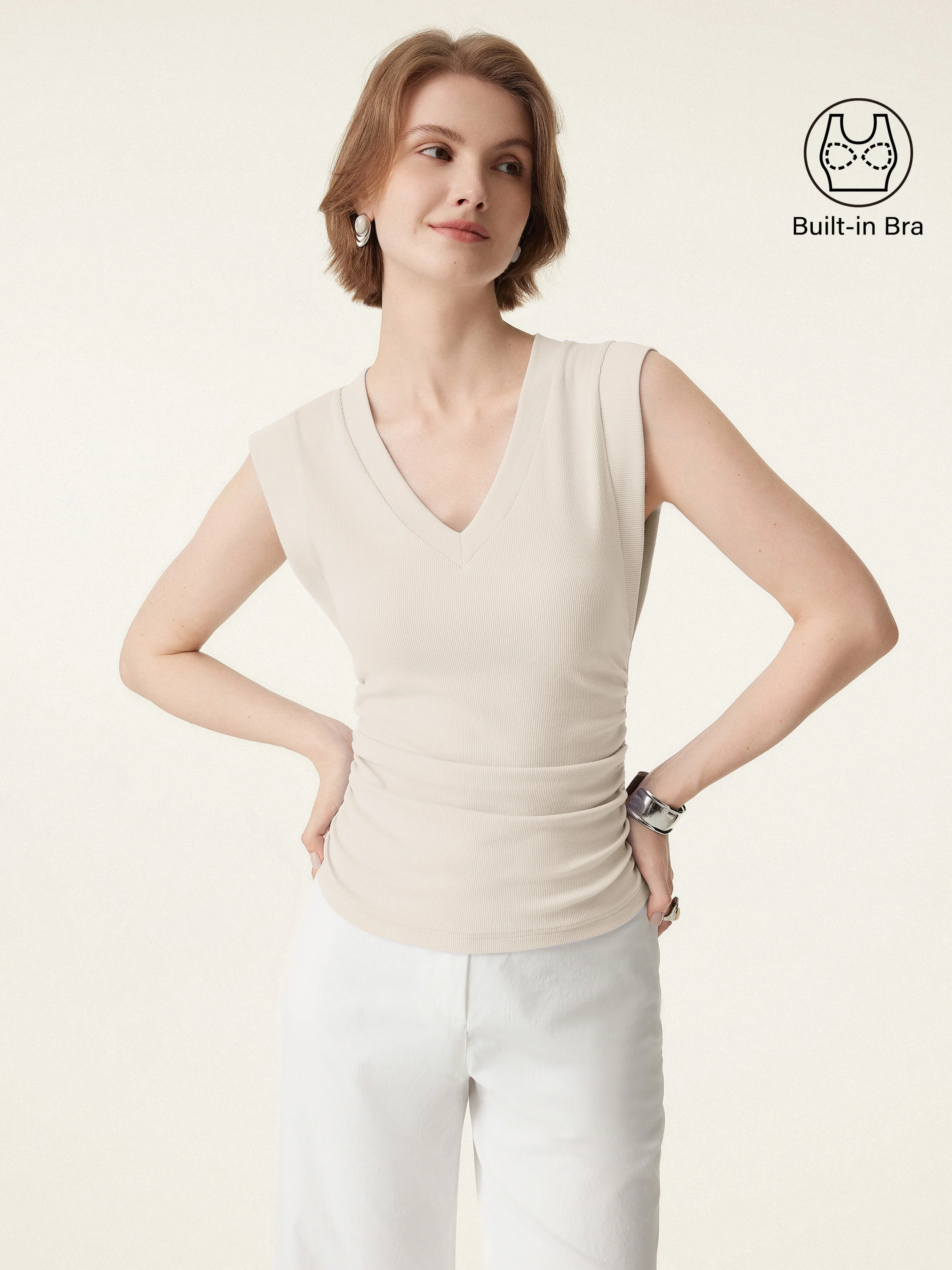 Stretch Cotton V-neck Side Ruched Muscle Bra Top - Image 12
