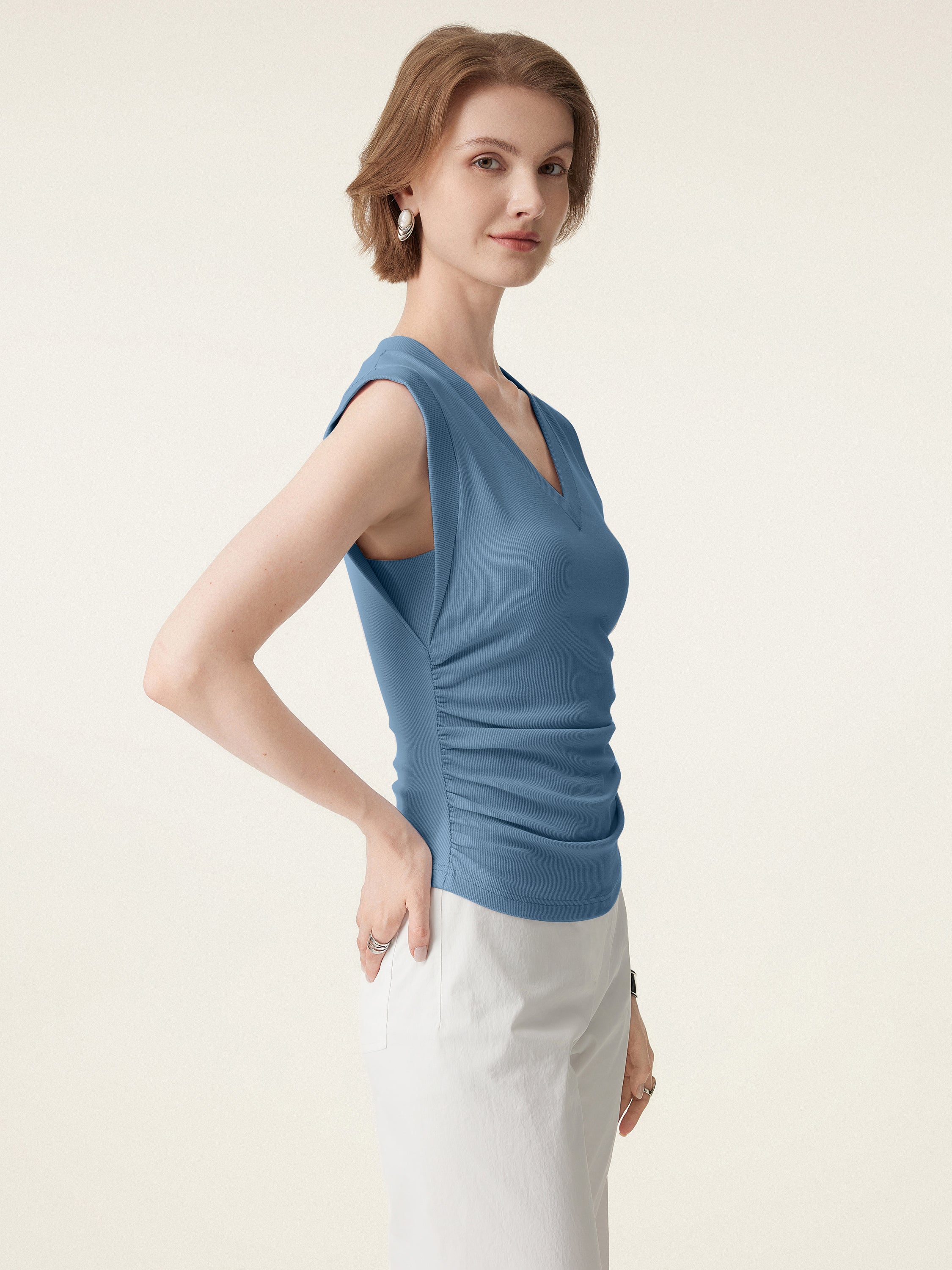 Stretch Cotton V-neck Side Ruched Muscle Bra Top - Image 3