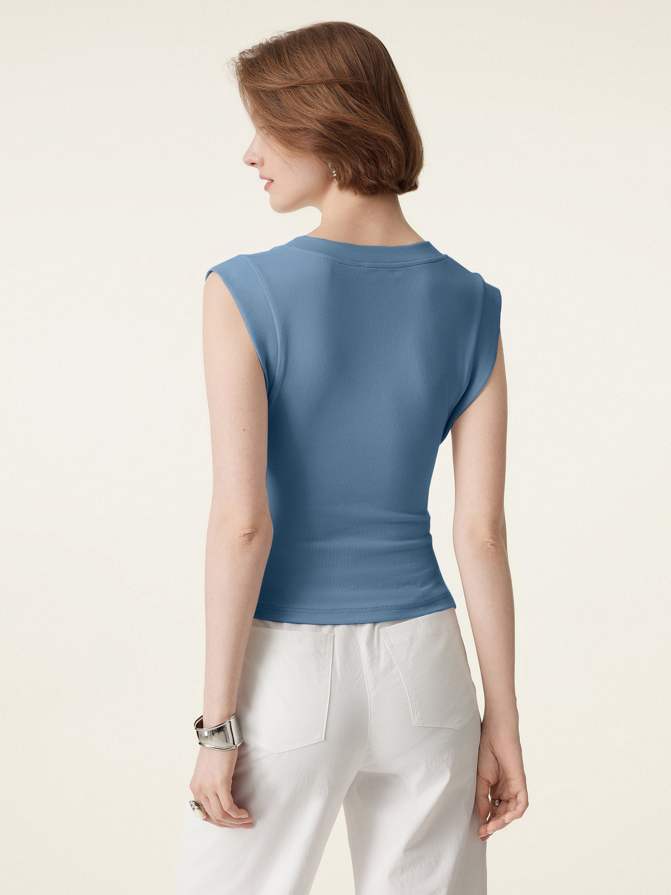 Stretch Cotton V-neck Side Ruched Muscle Bra Top - Image 4