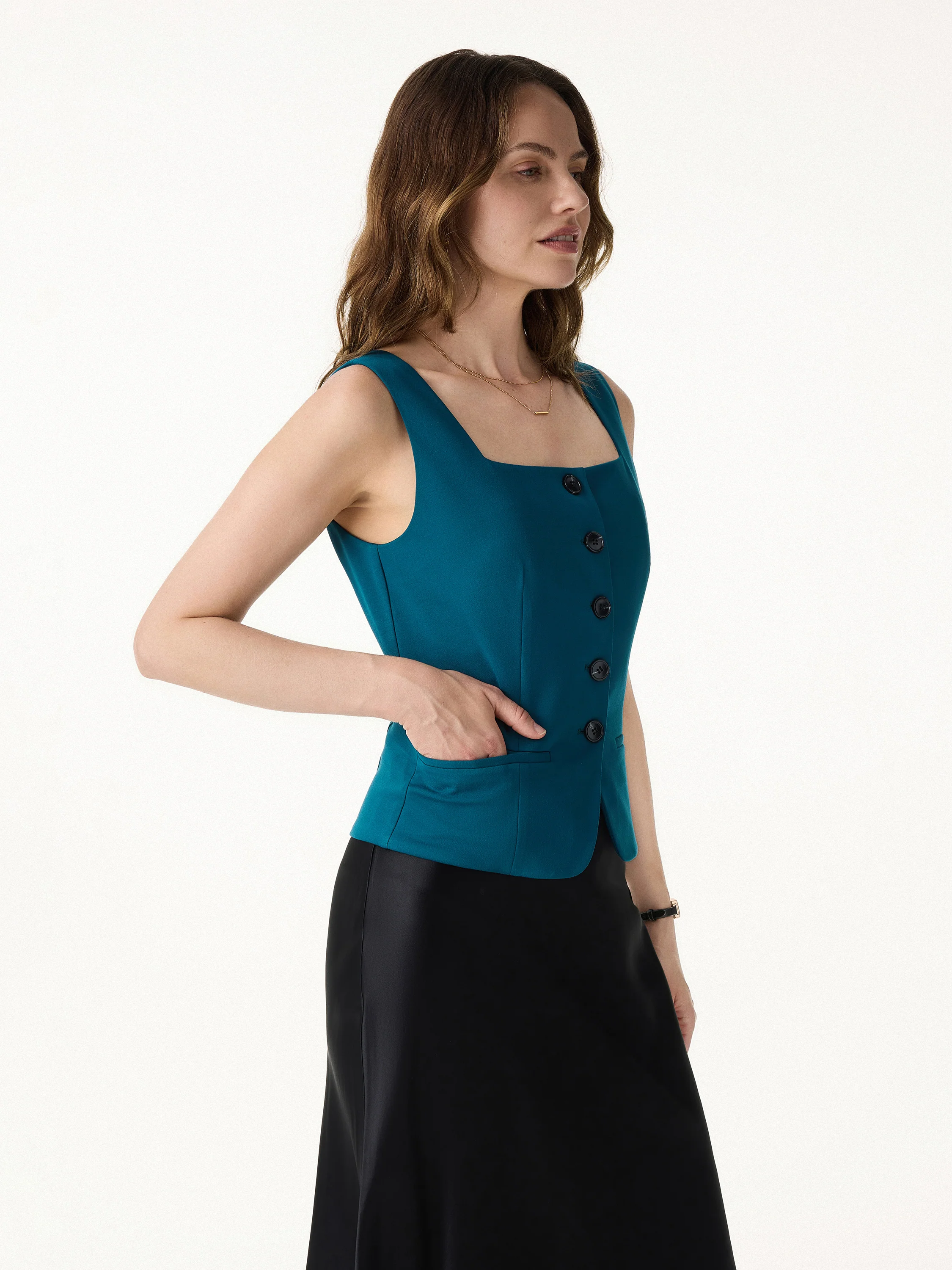 Stretch Ponte Square Neck Cropped Waistcoat with Pockets - Image 3
