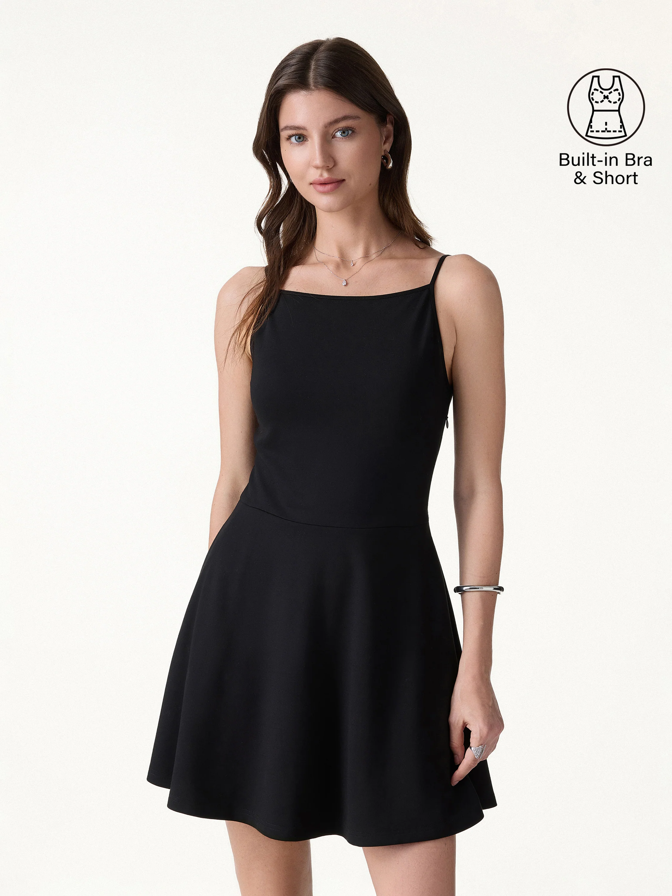 Stretch Ponte Square Neck Mini A-Line Bra Dress with Pockets