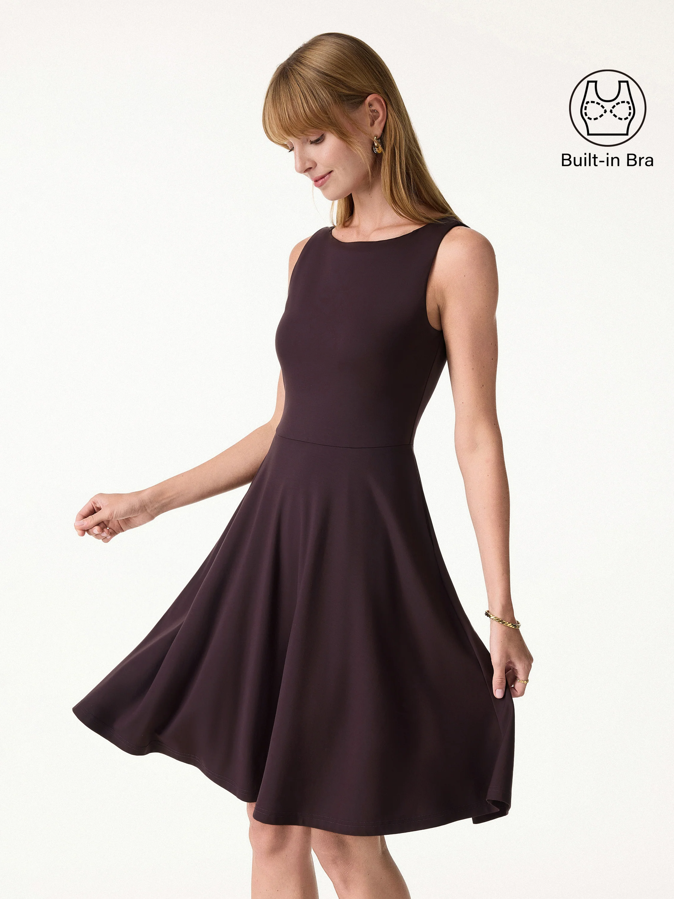 Stretchy Boatneck Fit-and-Flare Mini Bra Dress with Pockets - Image 3