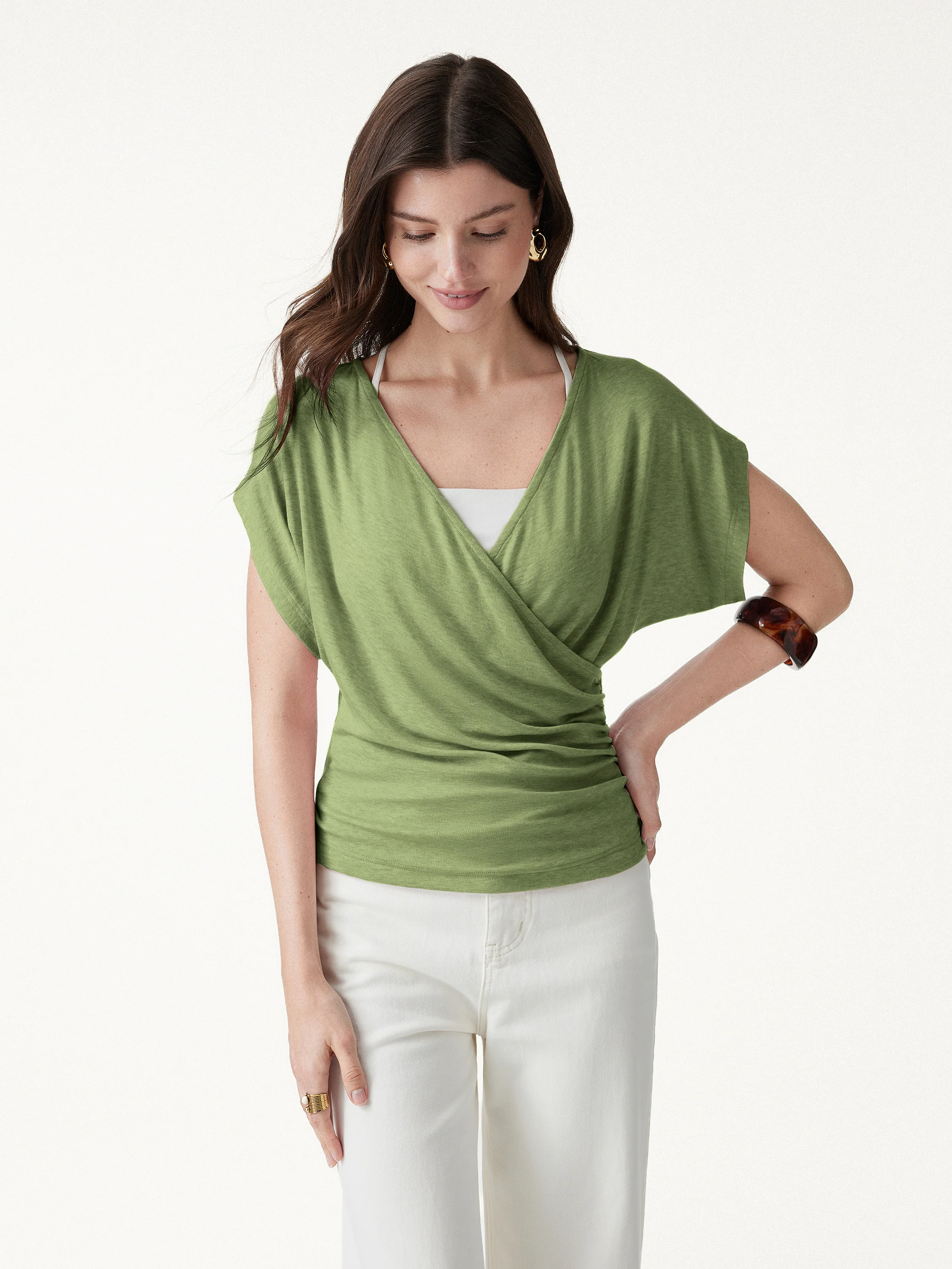 Summer Lyocell Wool Suprlice Ruched Short Sleeve Top - Image 10
