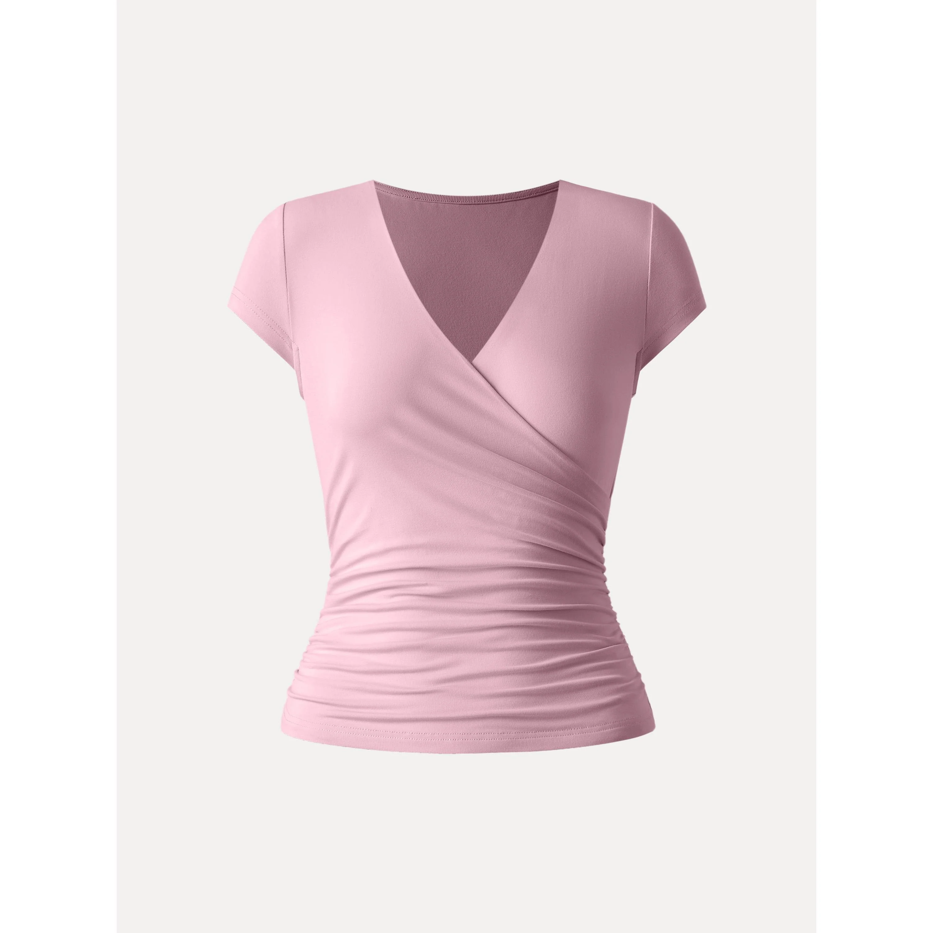 Surplice Cap Sleeve Side Ruched Fitted Tee - Image 9